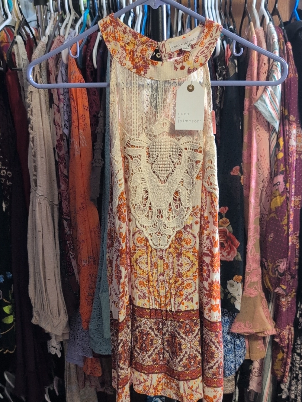 Coco Jamison Boho Crochet Panel Floral Tunic Cream & Rust